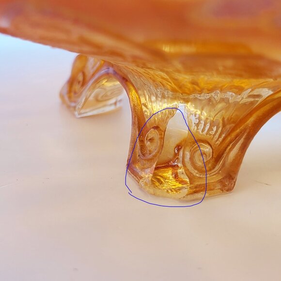 Fenton Orange Tree 4 Foot Marigold Iridescent Carnival Glass Ruffled Bowl 10" - Picture 14 of 15